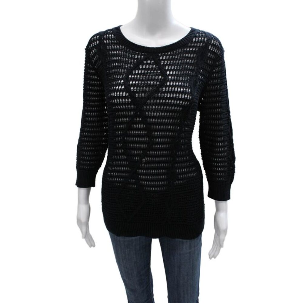 Cotton By Autumn Cashmere Women Pullover Black Geometric 3/4 Sleeve Size M
